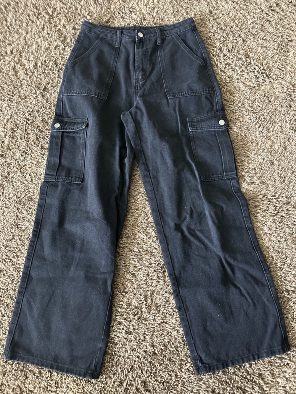 SHEIN Black Wide-Leg Cargo Trousers with Snap Flap Pockets